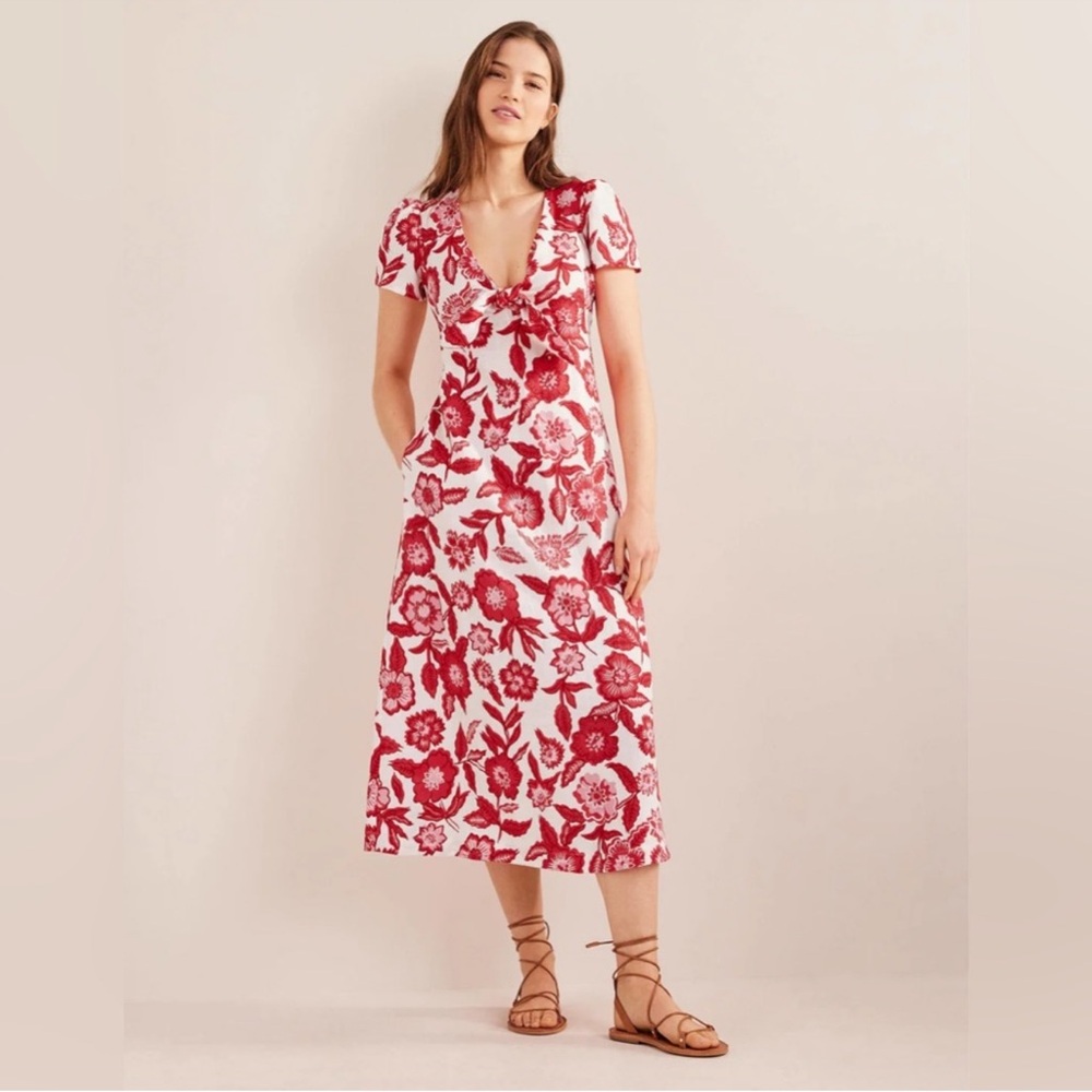 Boden Tie Front Linen Midi Dress in Pop Peony Pansy Bloom Size 6